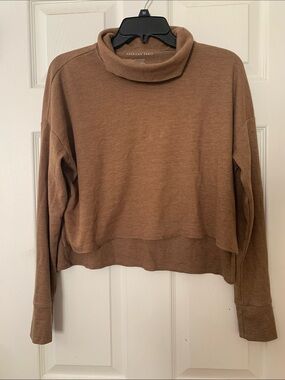American Eagle Brown Cropped Turtleneck Long Sleeve Tee